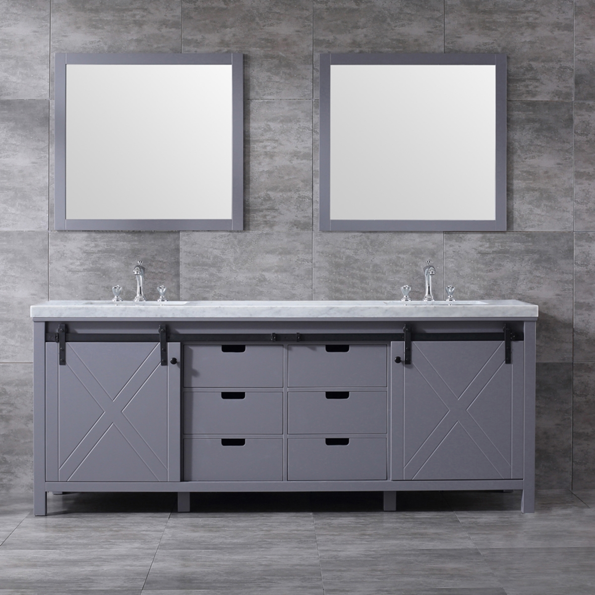 LM342284DBBSM34F 84 in. Dark Grey Double Bathroom Vanity with White Carrara Marble Top, White Square Sinks & 34 in. Mirrors with Faucets -  Lexora