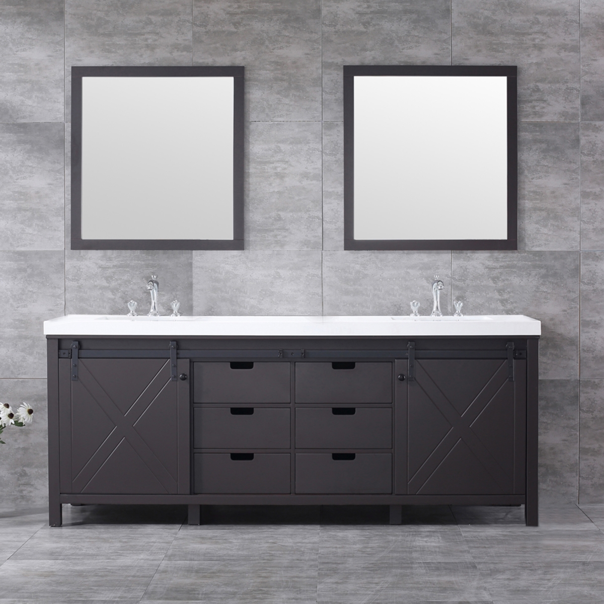 LM342284DCCSM34F 84 in. Marsyas Double Bathroom Vanity, White Quartz Top, White Square Sinks & 34 in. Mirrors with Faucets - Brown -  Lexora