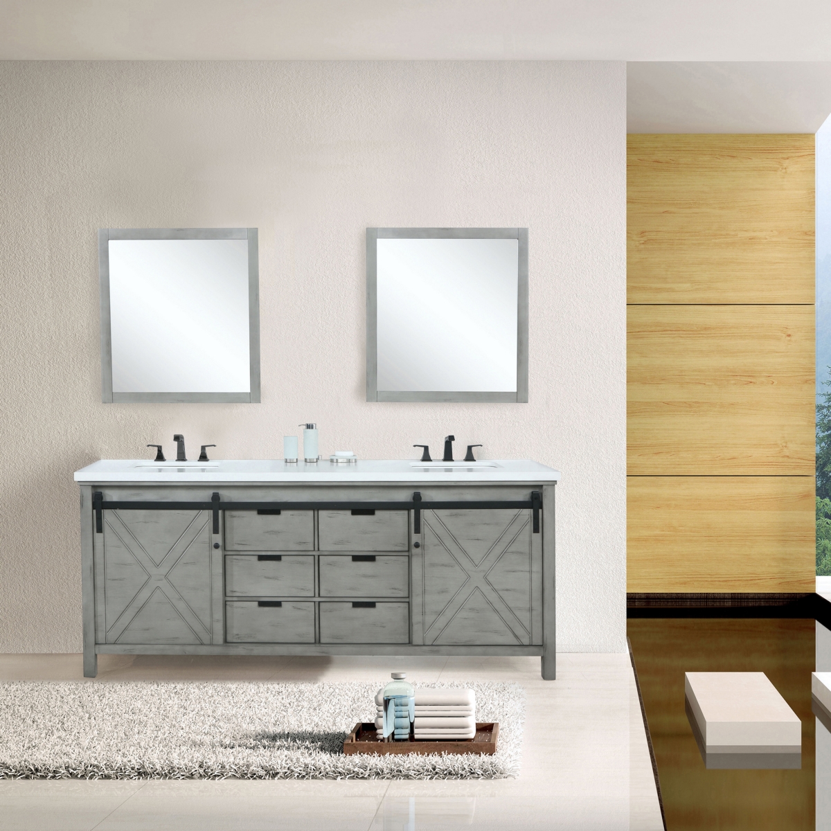 LM342284DHCSM34F 84 in. Ash Grey Double Bathroom Vanity with White Quartz Top, White Square Sinks & 34 in. Mirrors with Faucets -  Lexora