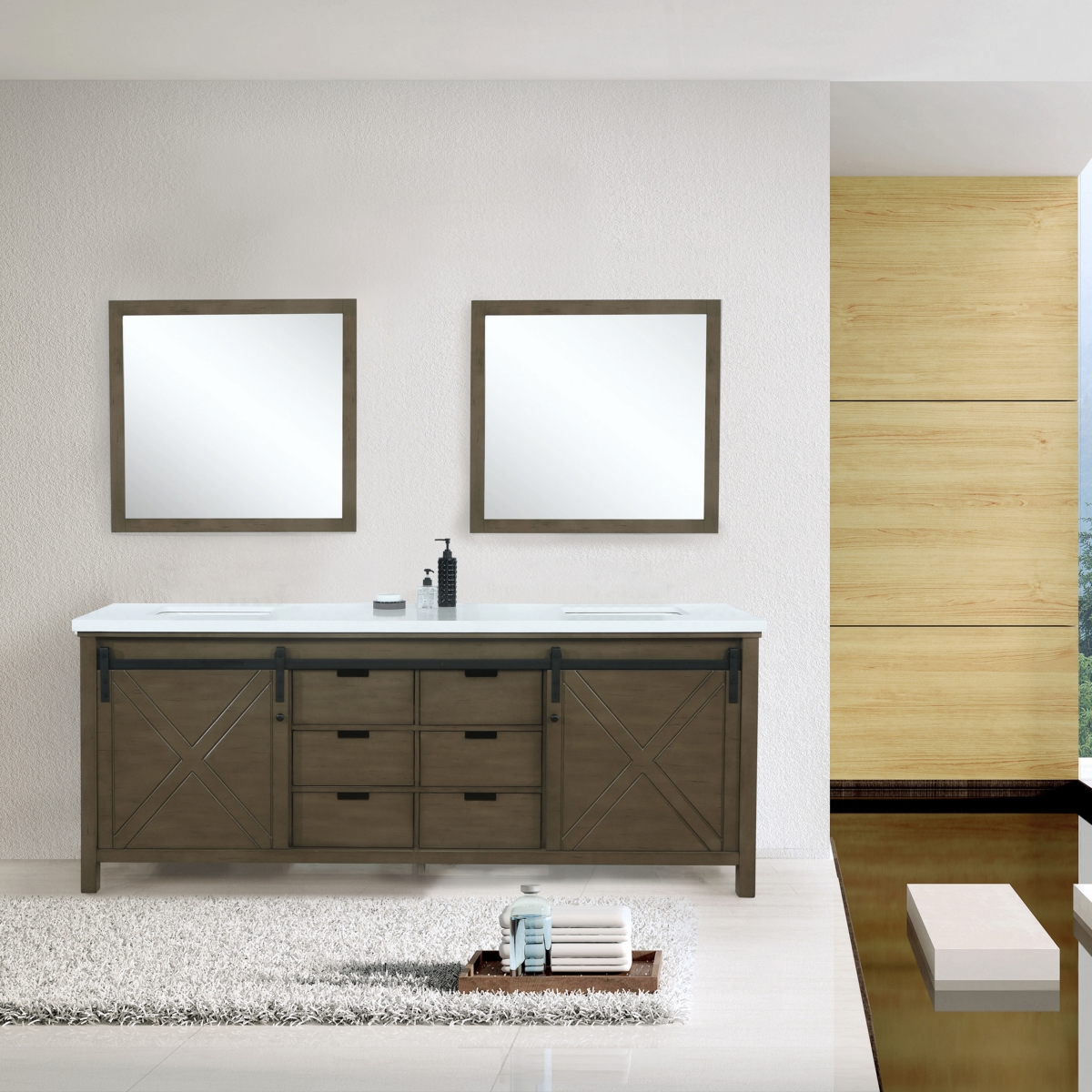 LM342280DKCSM30 80 in. Marsyas Double Vanity with Quartz Top, Square Sinks & 30 in. Mirrors, Rustic Brown & White -  Lexora