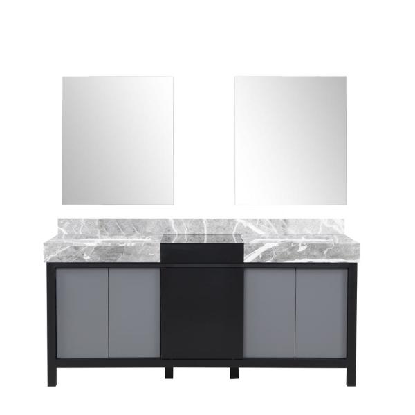 72 in. Zilara Double Bathroom Vanity, Castle Grey Marble Tops, White Square Sinks & 28 in. Frameless Mirrors, Matte Black & Grey -  Lexora, LZ342272DLISM28