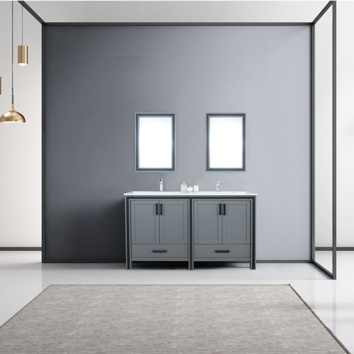 LZV352260SBJSM22F 60 in. Ziva Double Vanity, Cultured Marble Top, White Square Sink & 22 in. Mirrors with Faucet - Dark Grey -  Lexora