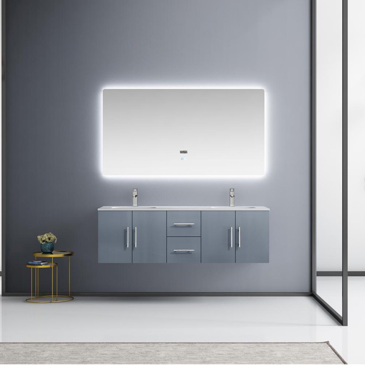 LG192260DBDSLM60F 60 in. Dark Grey Double Bathroom Vanity with White Carrara Marble Top, White Square Sinks & 60 in. LED Mirror with Faucets -  Lexora