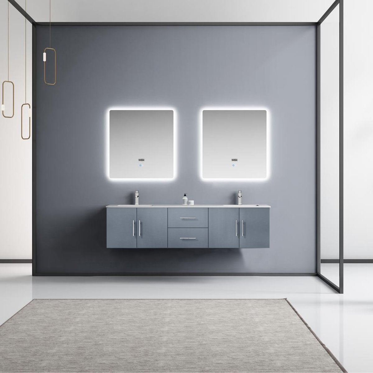 LG192272DBDSLM30F 72 in. Dark Grey Double Bathroom Vanity with White Carrara Marble Top, White Square Sinks & 30 in. LED Mirrors with Faucets -  Lexora