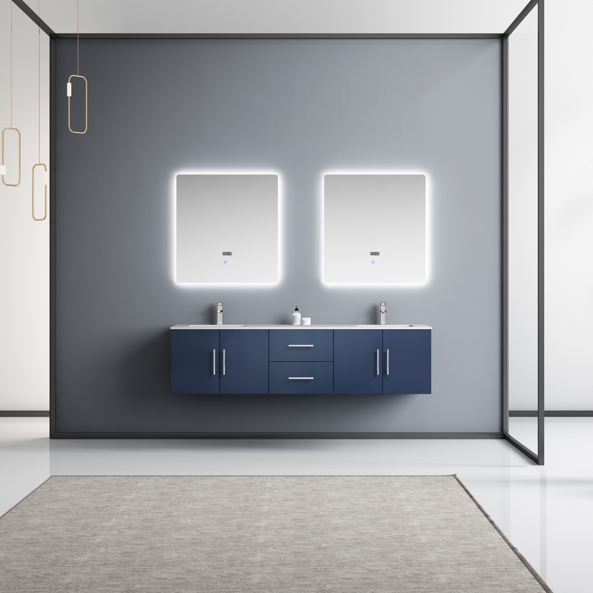 LG192272DEDSLM30F 72 in. Navy Blue Double Bathroom Vanity with White Carrara Marble Top, White Square Sinks & 30 in. LED Mirrors with Faucets -  Lexora