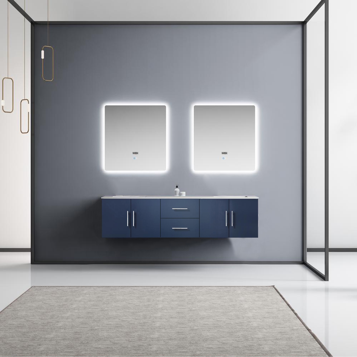 LG192272DEDSLM30 72 in. Geneva Double Vanity Cabinet, White Carrara Marble Top & White Square Sinks & 30 in. LED Mirrors, Navy Blue -  Lexora