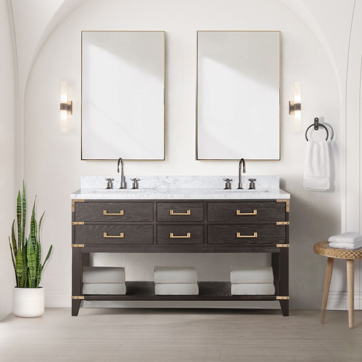 LVN60DK111 60 x 22 in. Norwalk Brown Oak Double Bath Vanity with Carrara Marble Top & Faucet Set & 28 in. Mirror -  Lexora Home