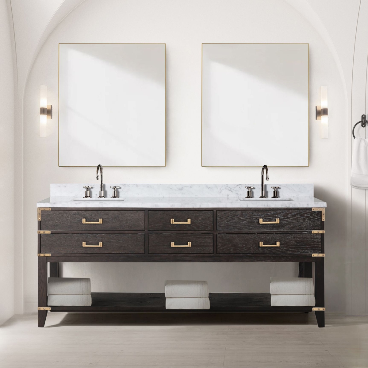 LVN80DK111 80 x 22 in. Norwalk Brown Oak Double Bath Vanity with Carrara Marble Top & Faucet Set & 36 in. Mirror -  Lexora Home