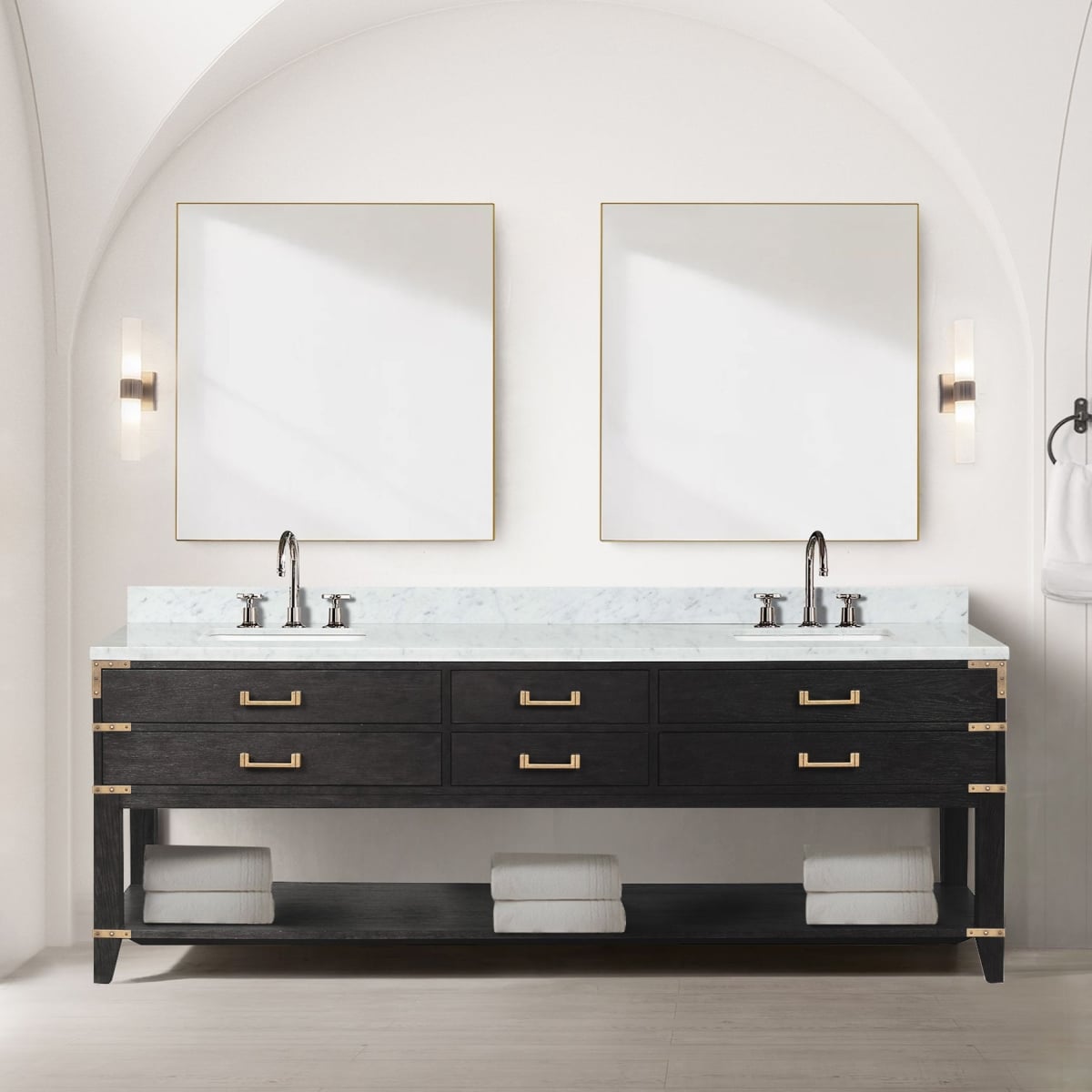 LVN84DJ111 84 x 22 in. Norwalk Black Oak Double Bath Vanity with Carrara Marble Top & Faucet Set & 36 in. Mirror -  Lexora Home