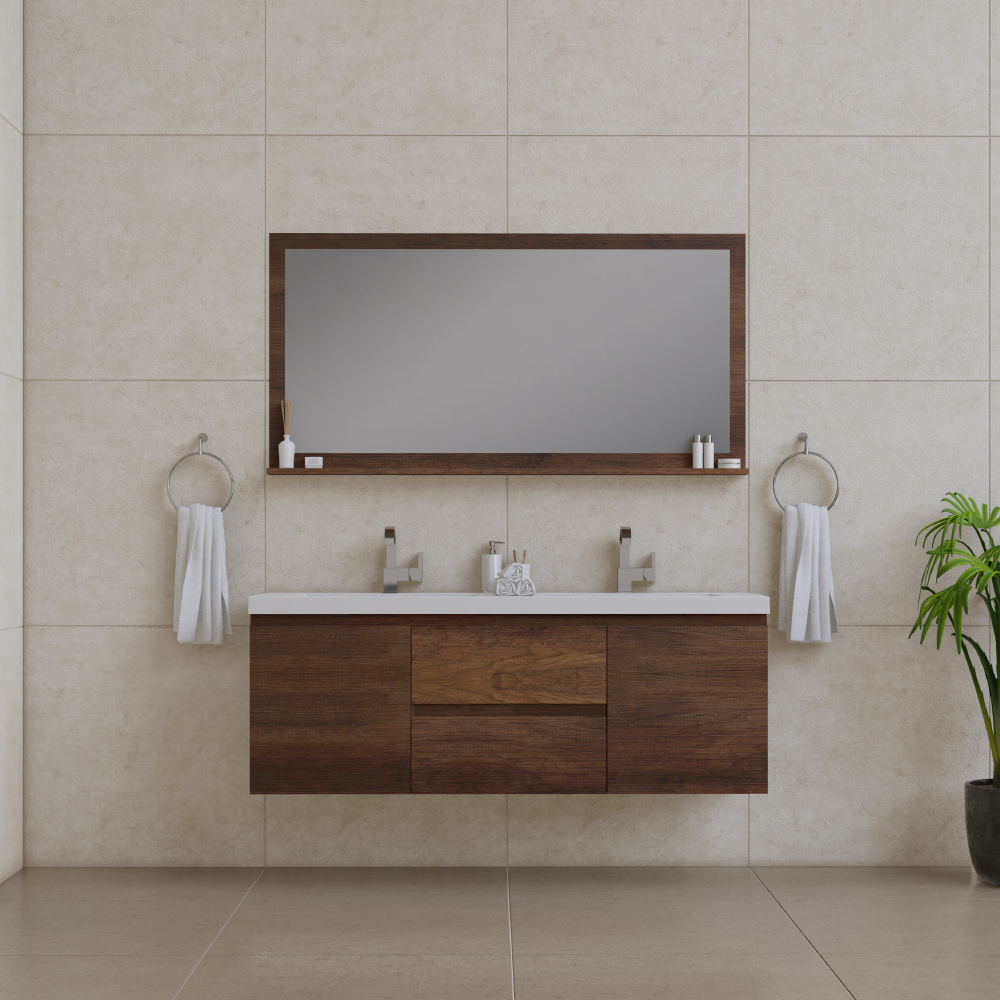 60 in. Paterno Double Modern Wall Mounted Bathroom Vanity, Rosewood