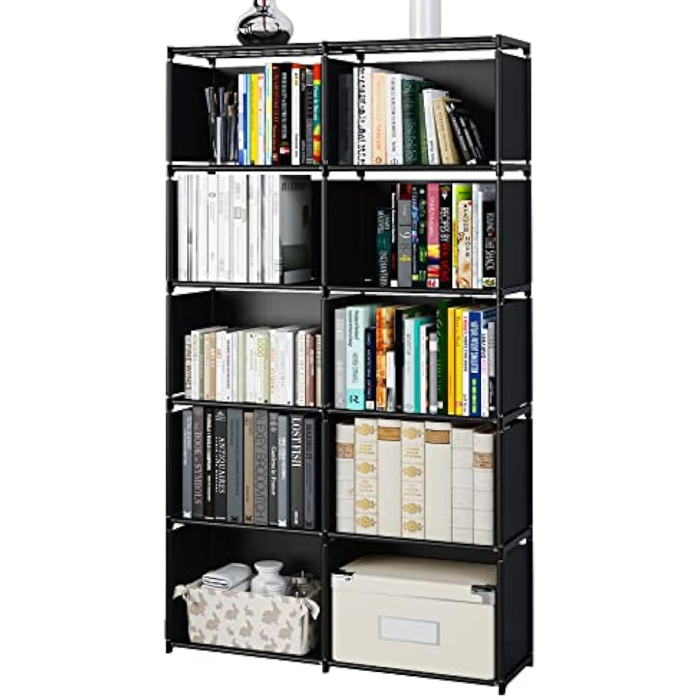TM57806 Bedroom Living Room Vertical Cabinet Bookshelf, Double Row 10-Grid Multi-Functional Storage Equipment Assembled Storage Rack, Black