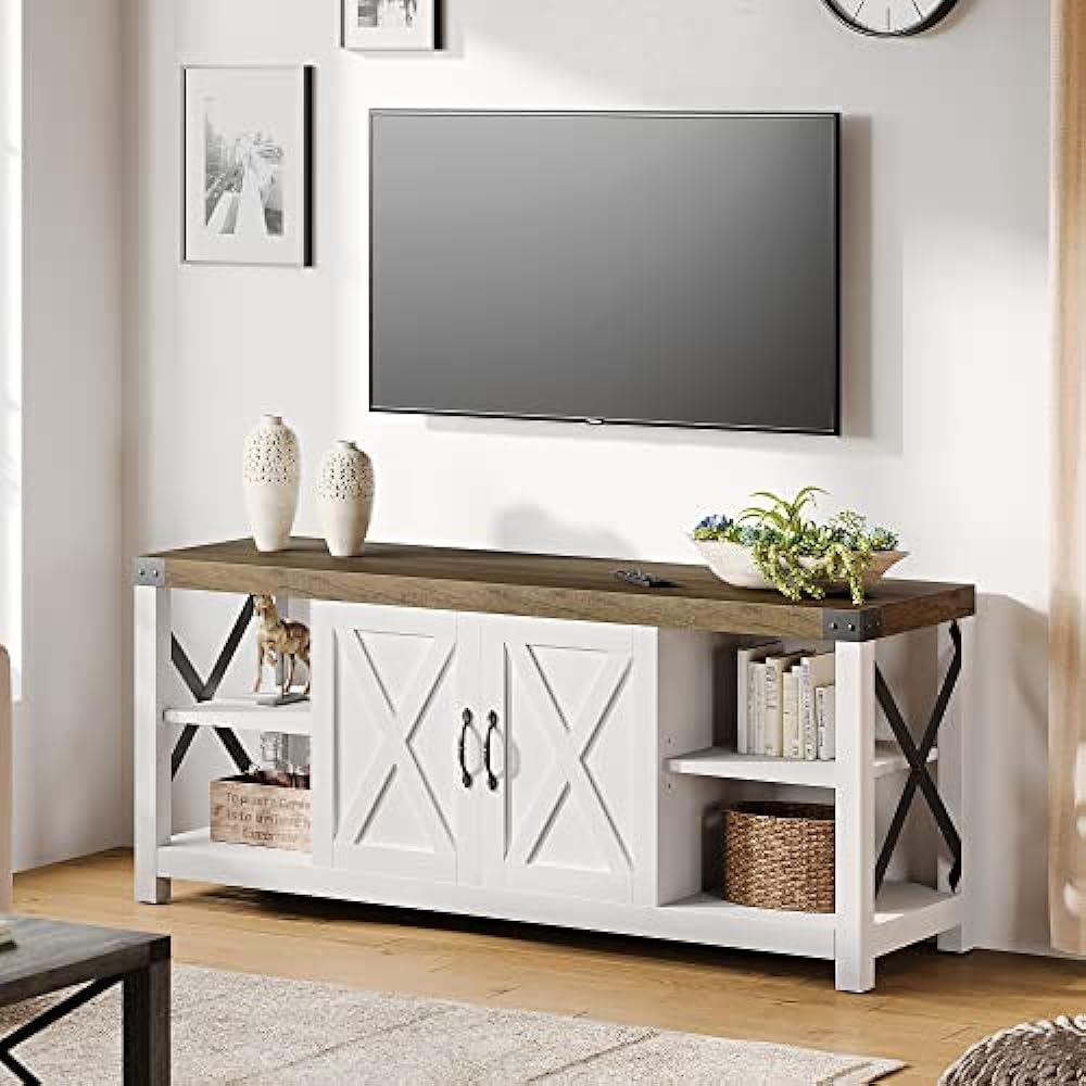 TM58150 Farmhouse TV Stand for 65, 60 & 55 in. Mid Century Modern Entertainment Center with Storage Cabinets & Open Shelves, White -  Nuegear