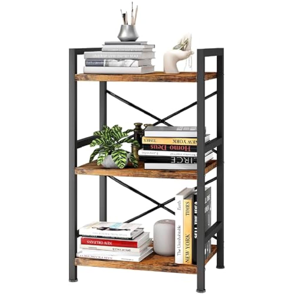 TM57868 3 Tier Industrial Bookcase Metal Small Bookcase, Rustic Etagere Book Shelf Storage Organizer, Rustic Brown