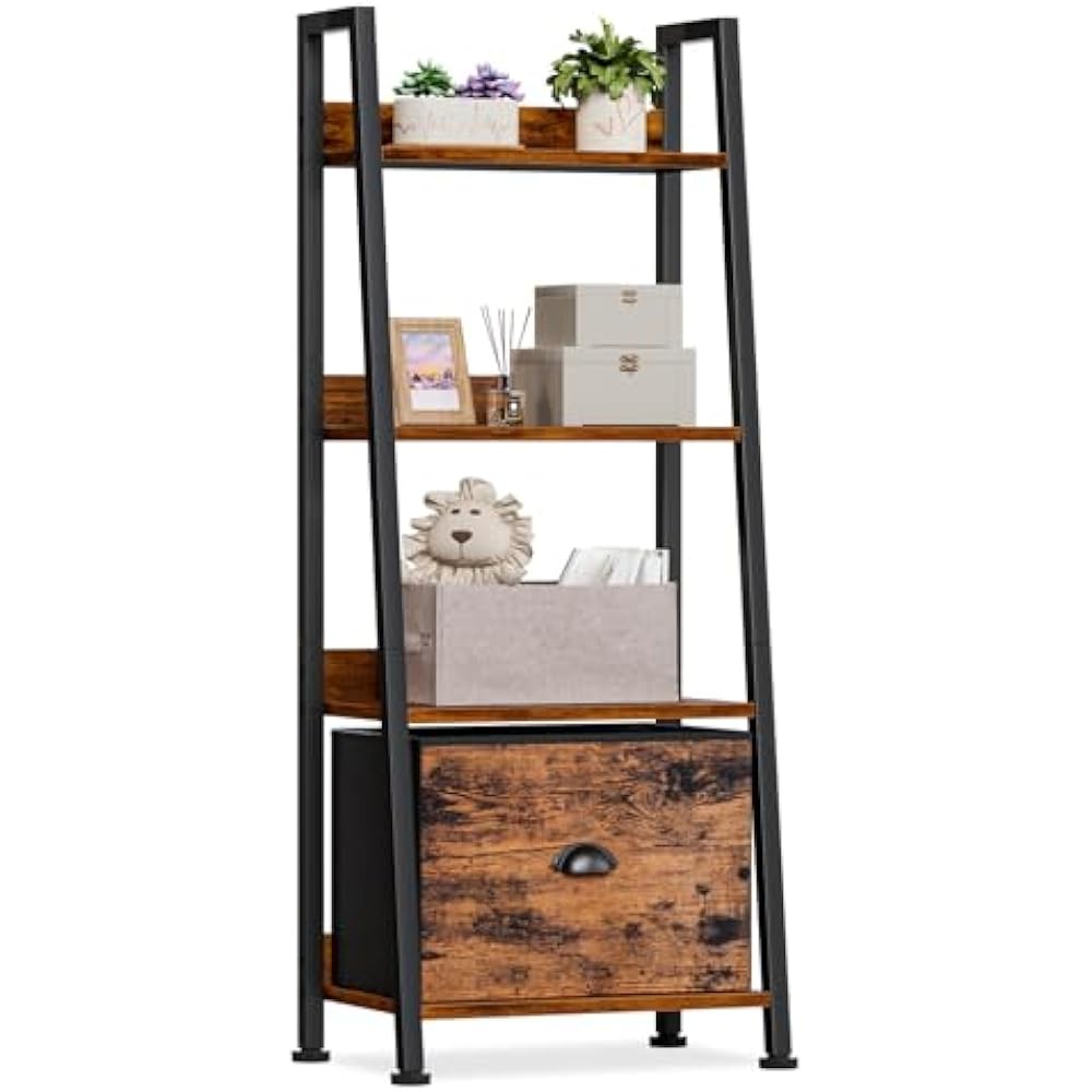 TM57583 4-Tier Ladder Shelf, Ladder Bookshelf with Removable Drawer