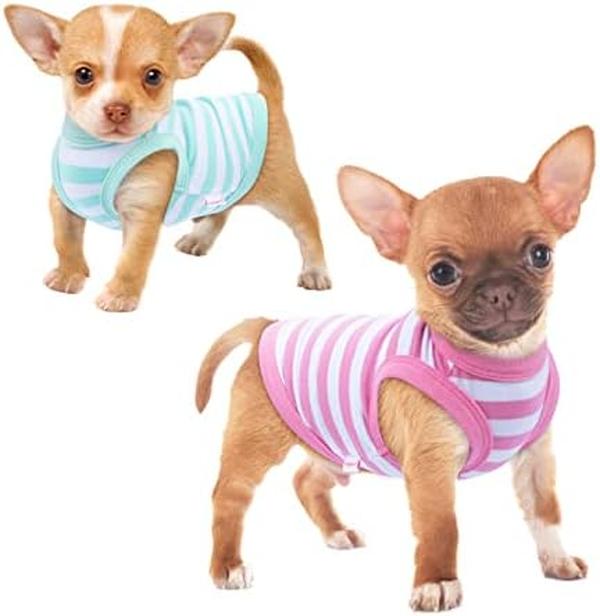Picture of Nuegear TM57668 Breathable Cotton Striped Sleeveless Yorkie Dog Shirt&#44; Green & Pink - 2XS - Pack of 2