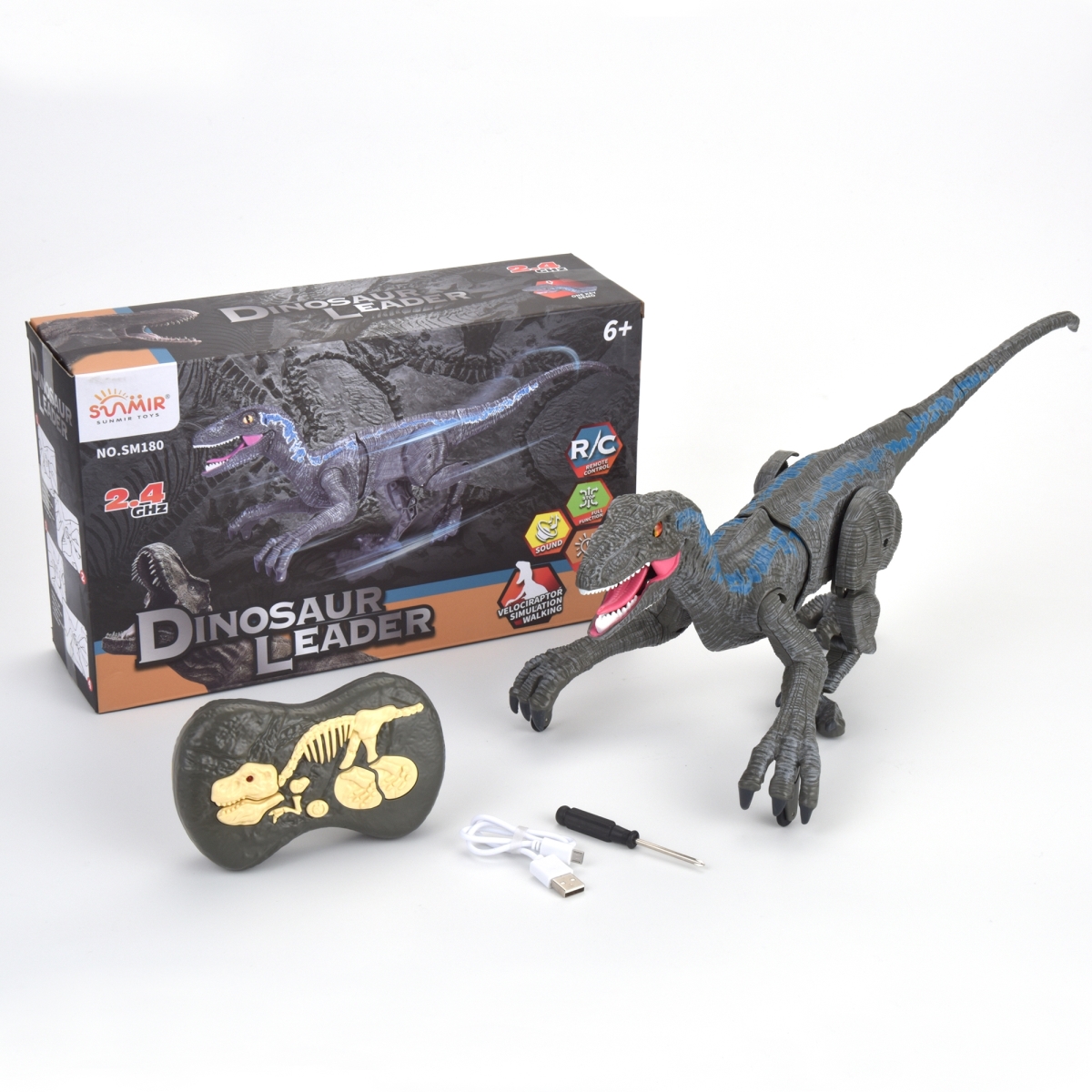 Picture of Netjett XS67294 UNO1RC Kids Boys & Girls Radio Controlled Dino Velociraptor with 3D Eye ED Light&#44; Roaring & Shaking Head & Tail - Gray