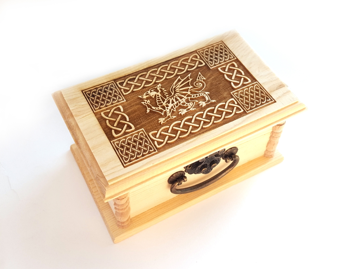 Celtic Welsh Dragon Engraved Wooden Box