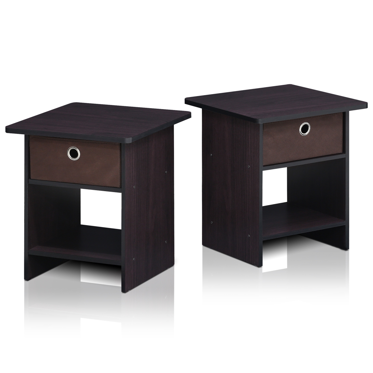 2-10004DWN End Table & Night Stand Storage Shelf with Bin Drawer, Dark Walnut - Set of 2