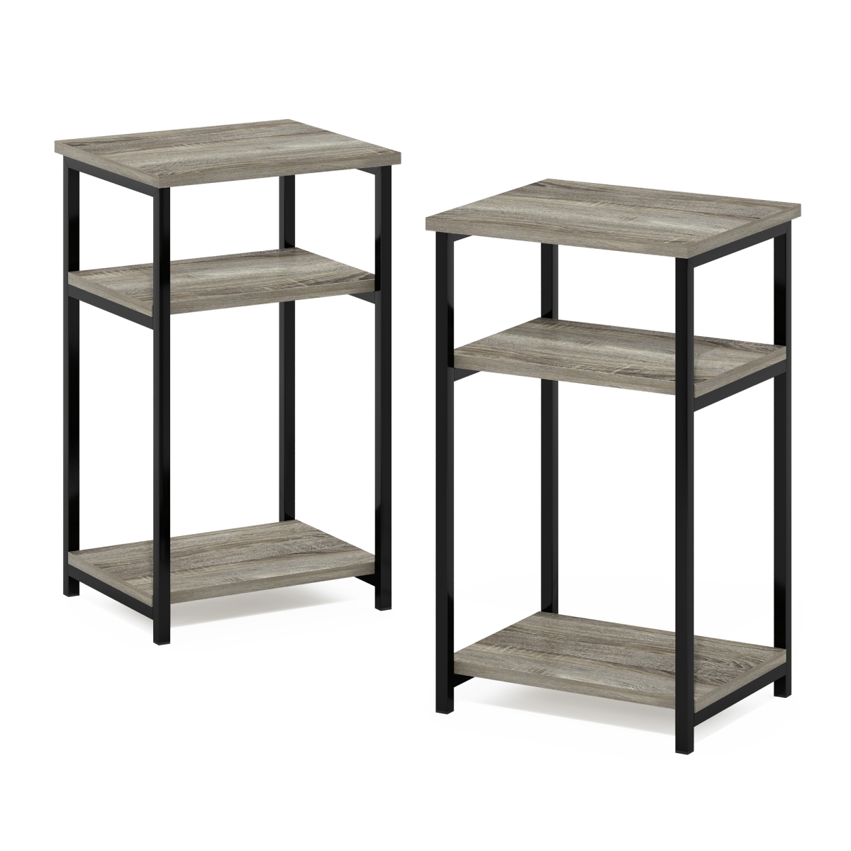 Just 3-Tier Industrial Metal Frame End Table with Storage Shelves, French Oak - Pack of 2
