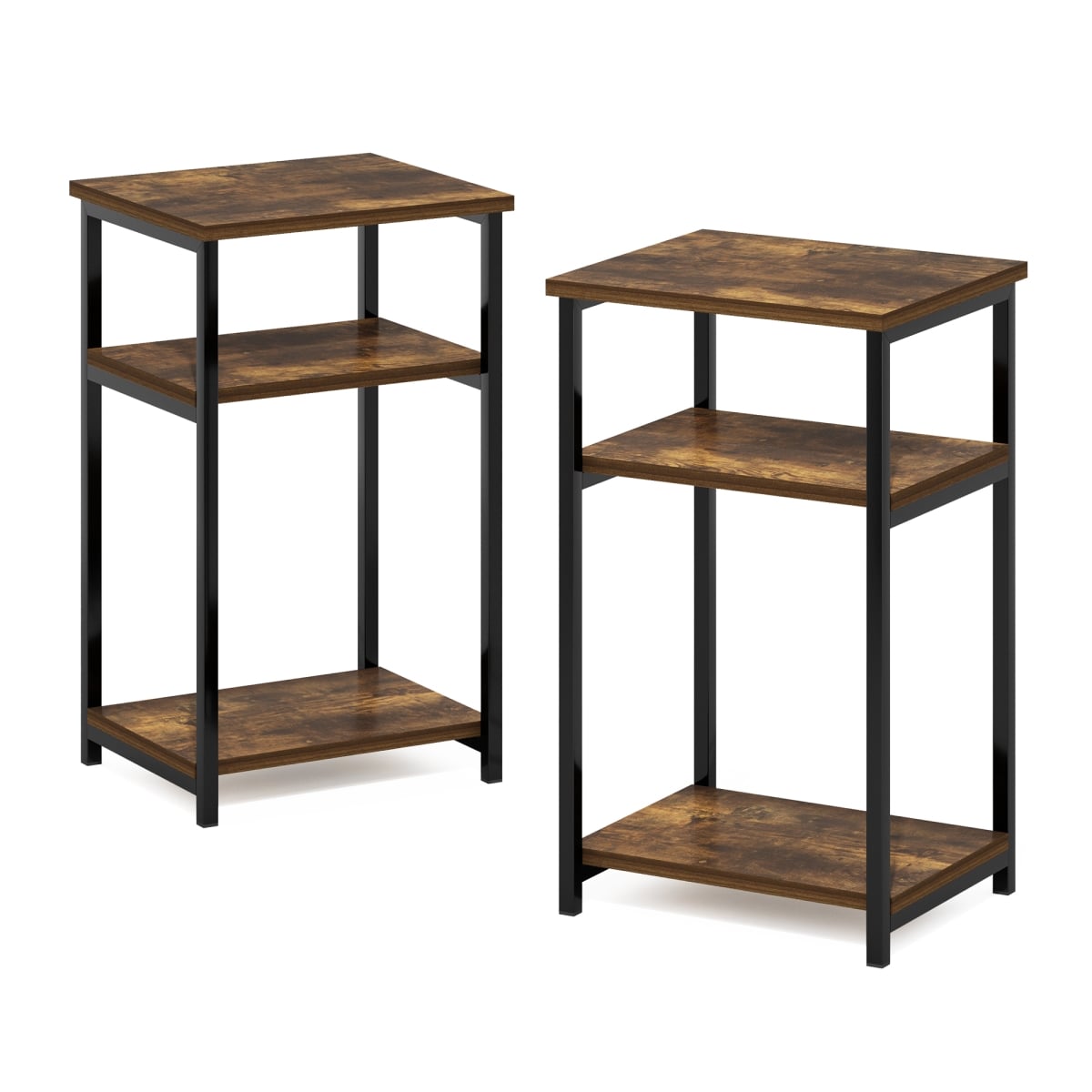 Just 3-Tier Industrial Metal Frame End Table with Storage Shelves, Amber Pine - Pack of 2