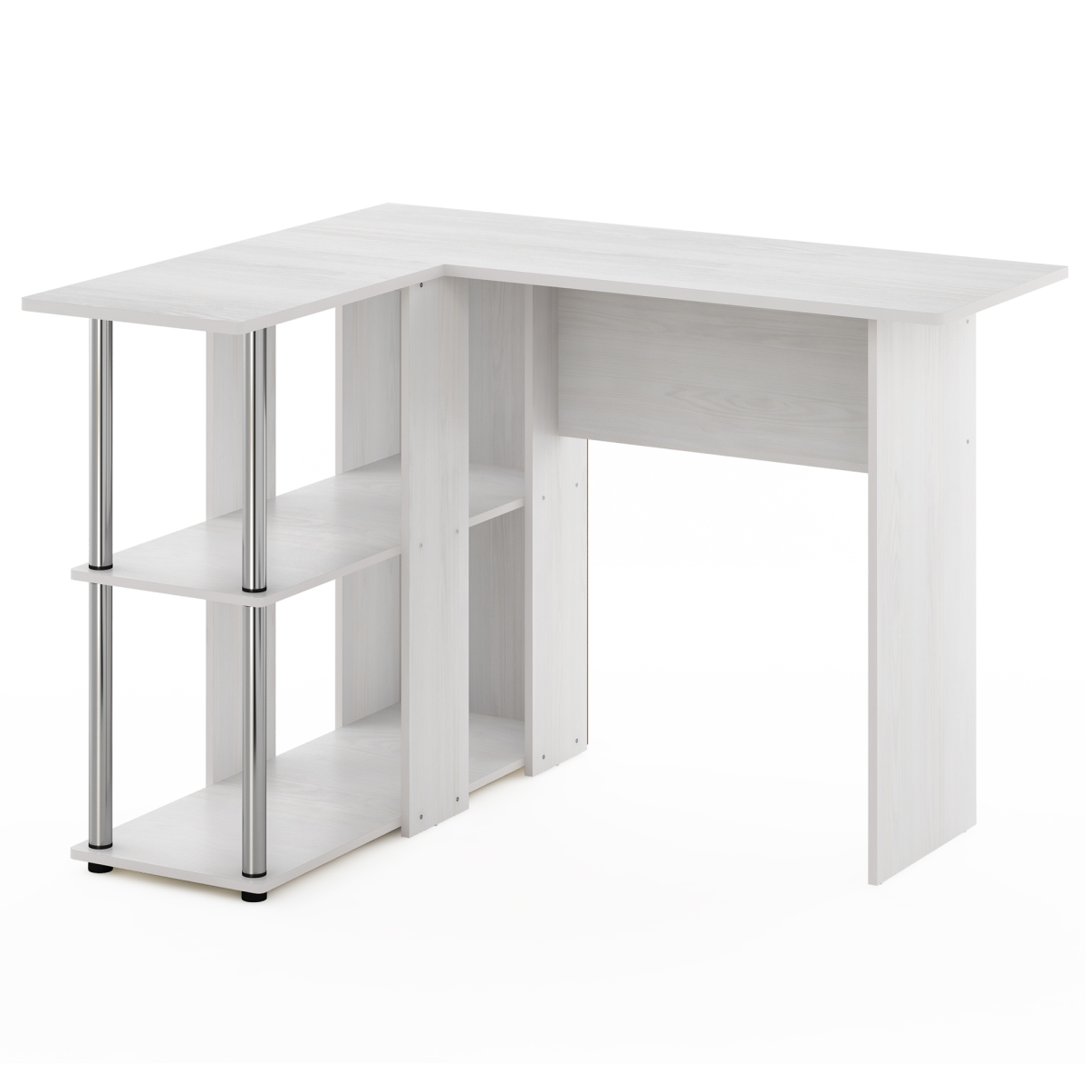 Picture of Furinno 17092WOKSS Abbott L-Shape Desk with Bookshelf&#44; White Oak & Stainless Steel Tubes
