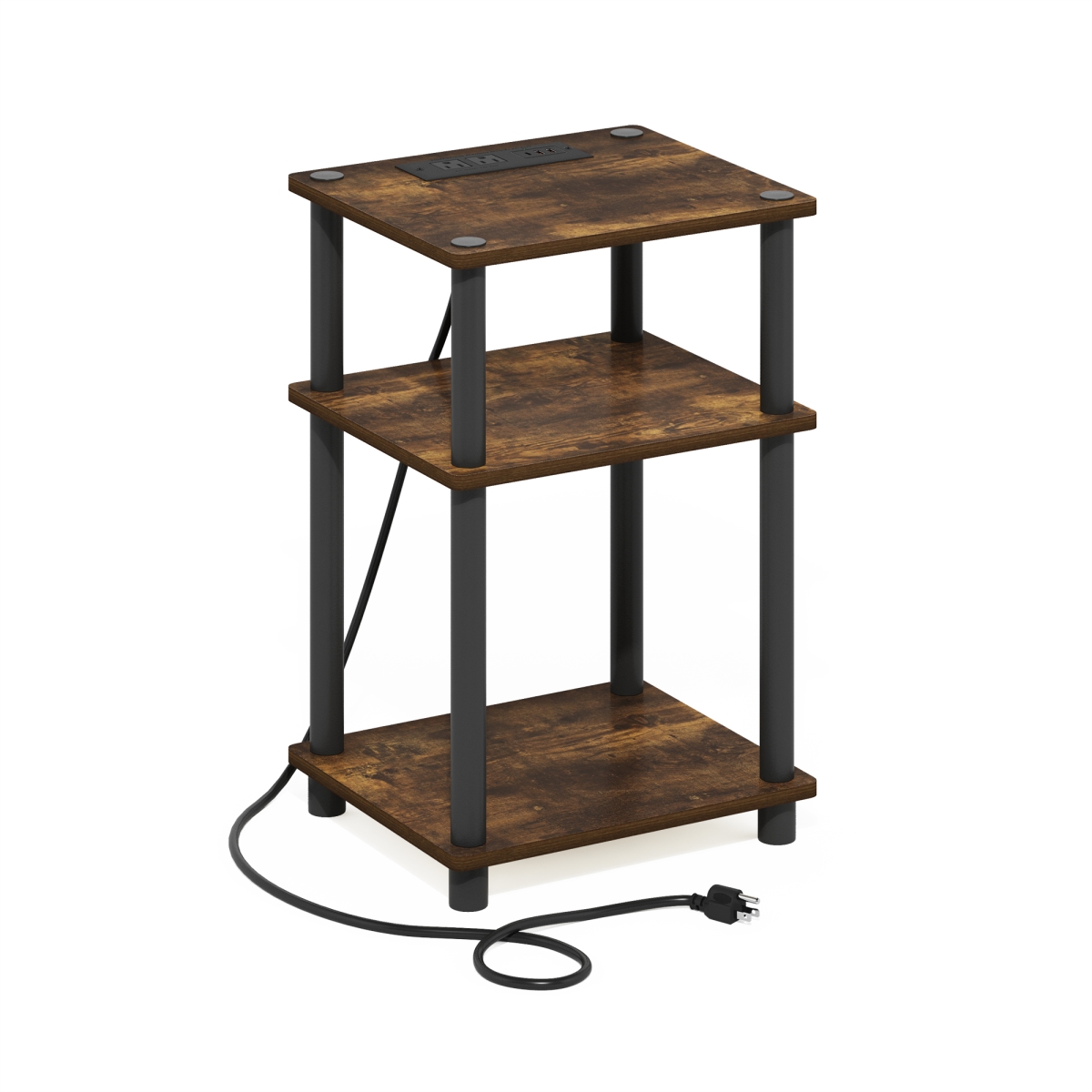 8.82 in. Just 3-Tier Turn-N-Tube USB & Type-C Charging Port End Table with Open Storage, Amber Pine & Black