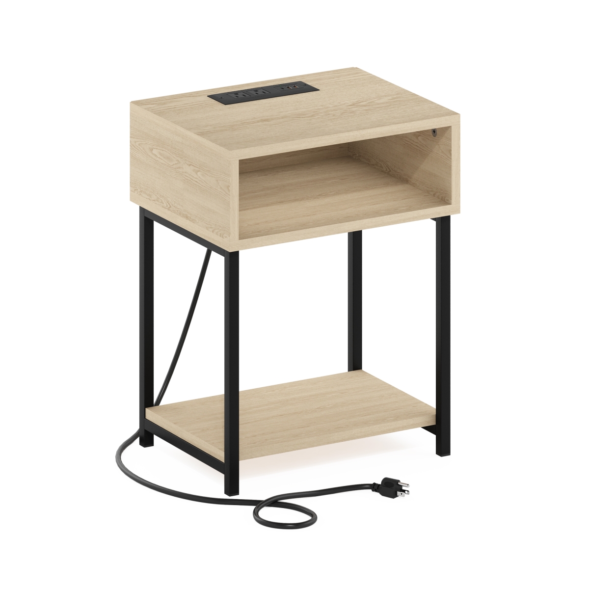 22353BHO Moretti USB & Type-C Charging Port Open Storage Side Table with Metal Frame, Bauhaus Oak