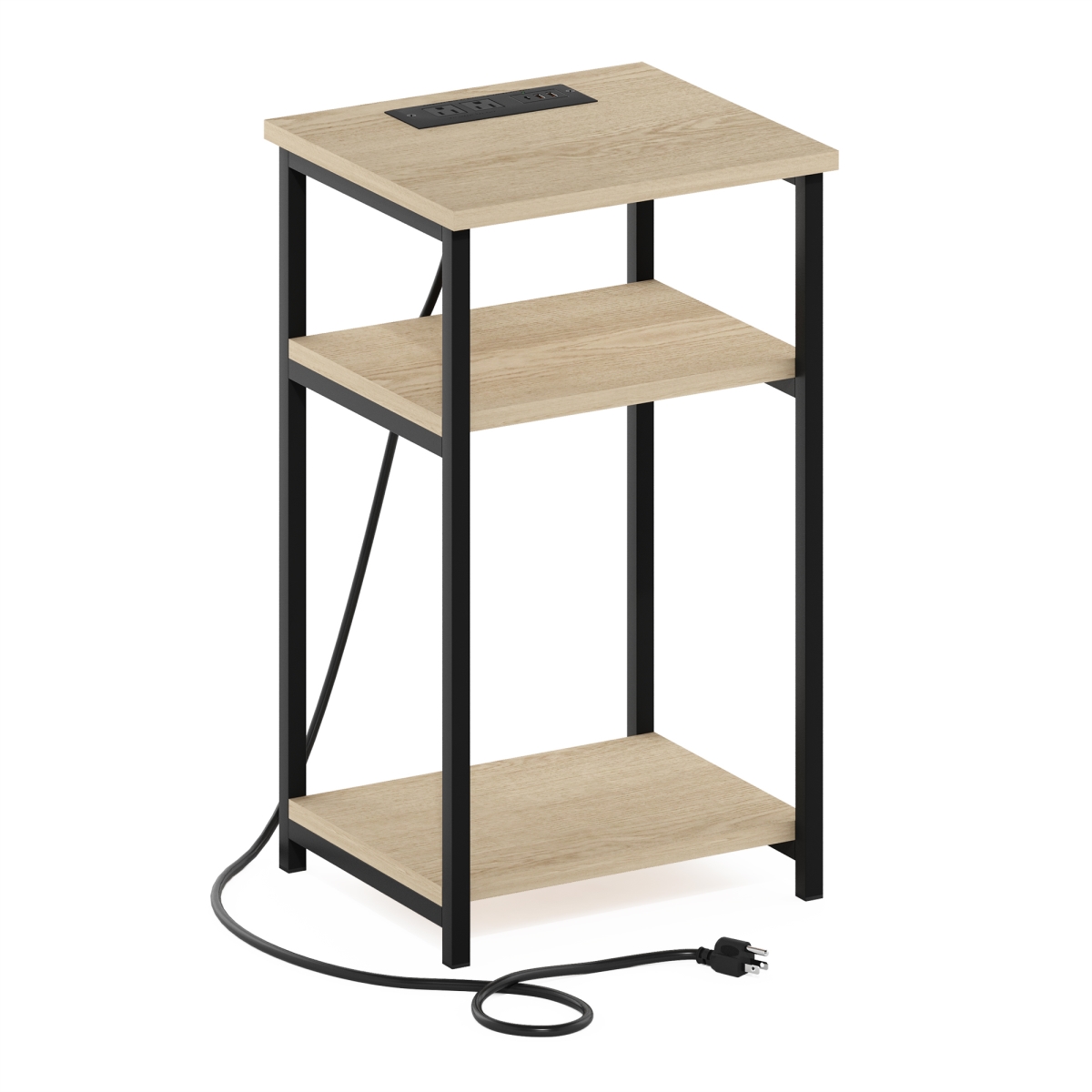 22354BHO Moretti 3-Tier USB & Type-C Charging Port Open Storage Side Table with Metal Frame, Bauhaus Oak