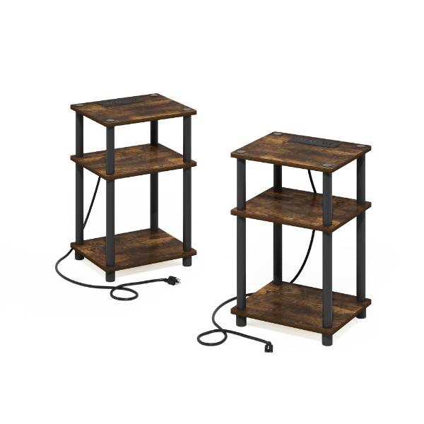 222356APBK Just 3-Tier Turn-N-Tube USB & Type-C Charging Port End Table with Open Storage, Amber Pine & Black - Set of 2