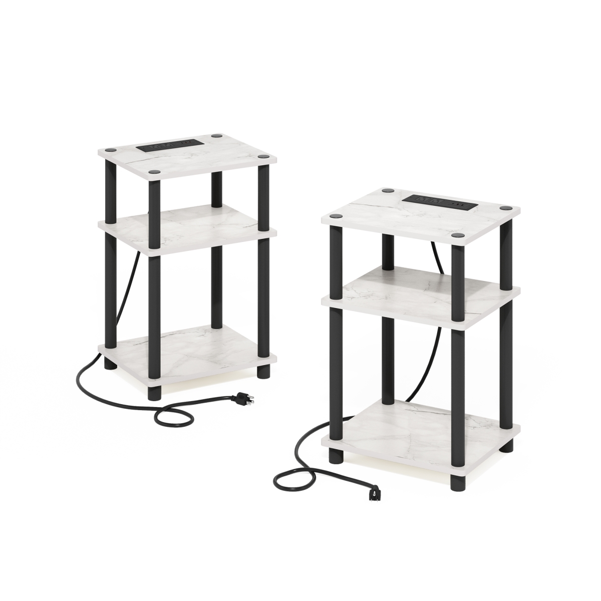 222356MWHBK Just 3-Tier Turn-N-Tube USB & Type-C Charging Port End Table with Open Storage, Marble White & Black - Set of 2