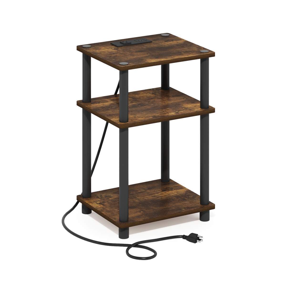 24018APBK Just 3-Tier Turn-N-Tube Open Storage Side Table & End Table with USB & Type-C Charging Station, Amber Pine & Black