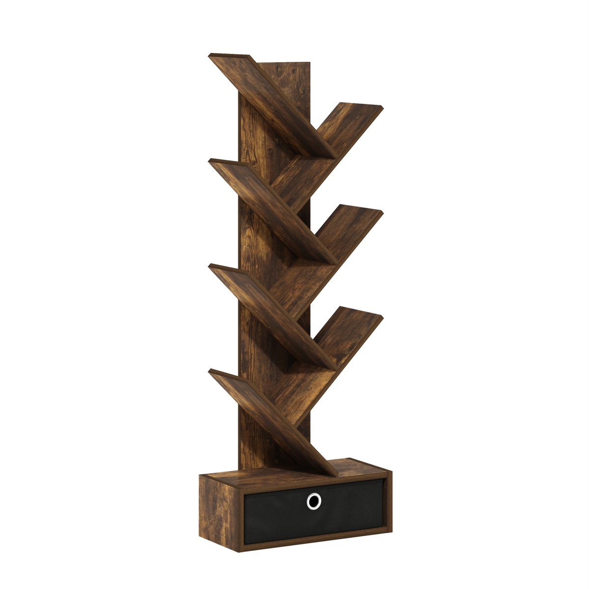 23400APBK 7-Tier Floor Standing Tree Bookcase with Bin Drawer, Amber Pine & Black