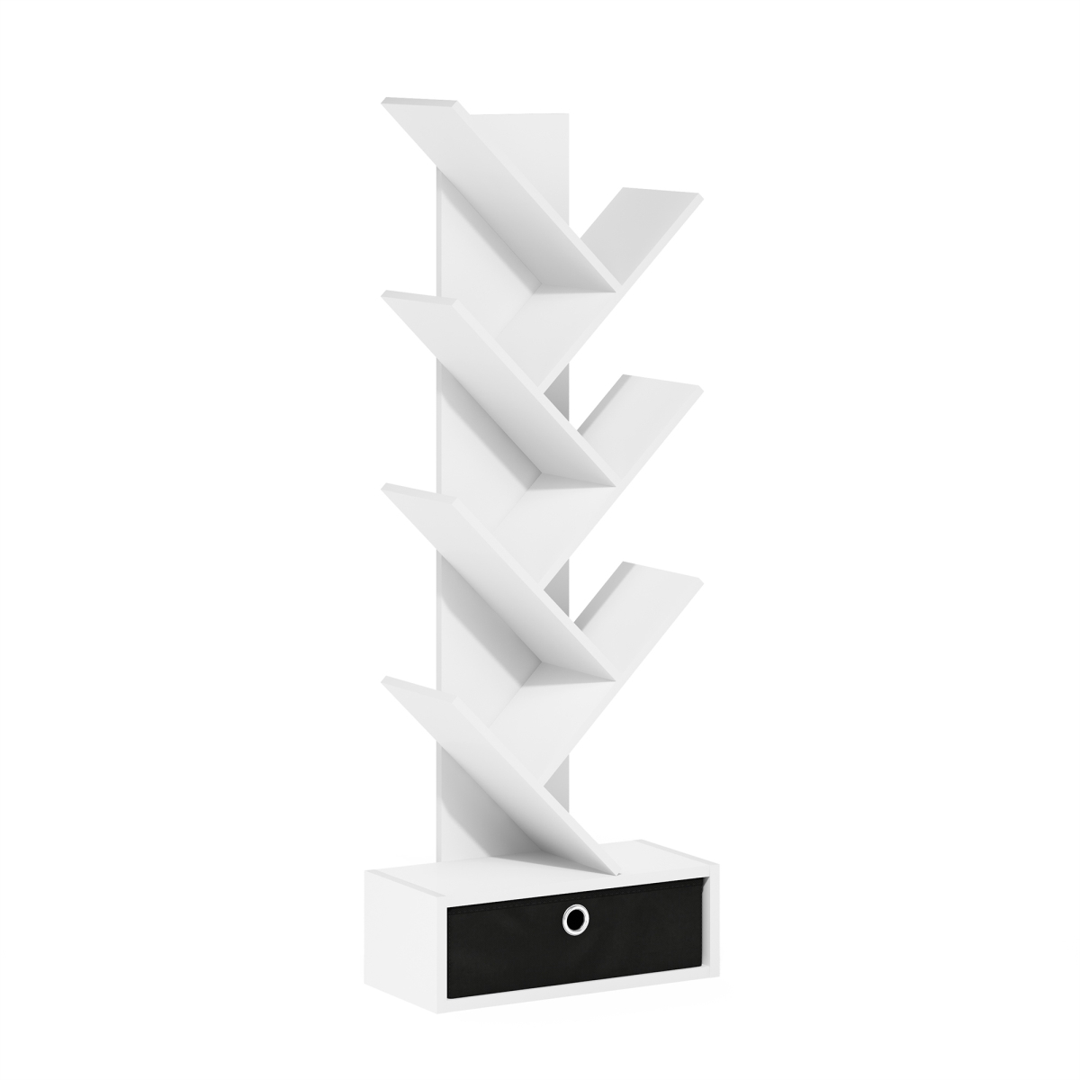 23400WHBK 7-Tier Floor Standing Tree Bookcase with Bin Drawer, White & Black