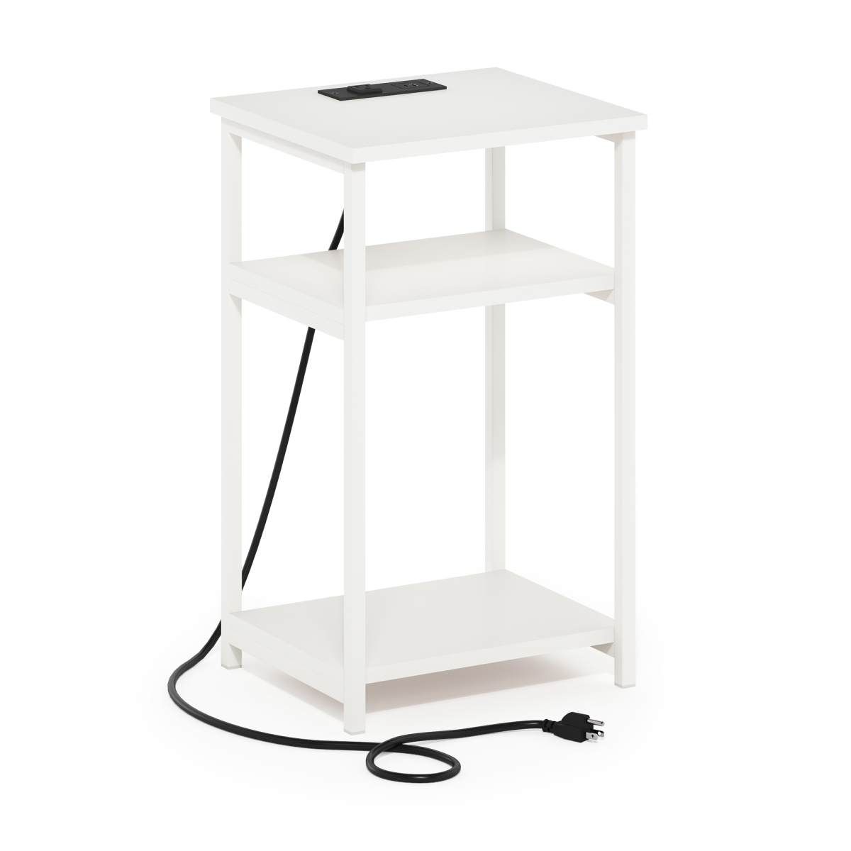 24017WHWH Moretti 3-Tier Metal Frame Open Storage Side Table, End Table with USB & Type-C Charging Station, White