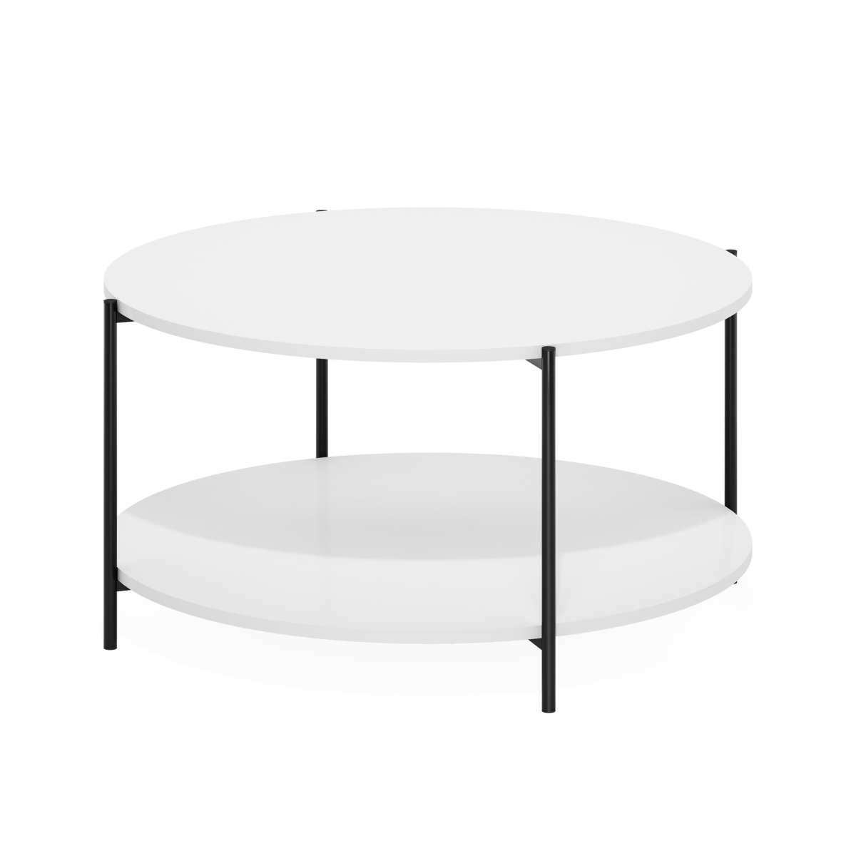 24027WHBK Round 2-Tier Modern Round Coffee Table with Sturdy Metal Legs, White & Black