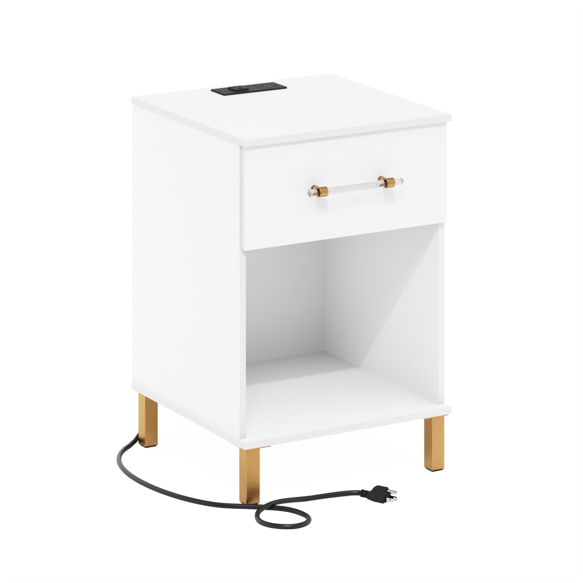 24159WH Tidur End Table, Side Table with USB & Type-C Charging Station, White