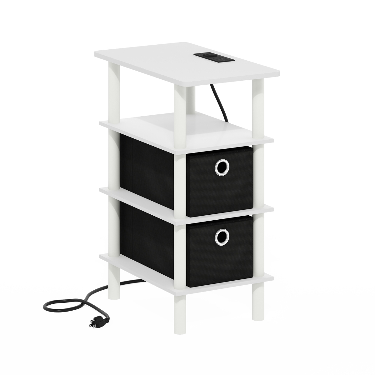 24204WHWHBK Turn-N-Tube 4-Tier Side & End Table with Bin Drawers, USB & Type-C Charging Port - White & Black