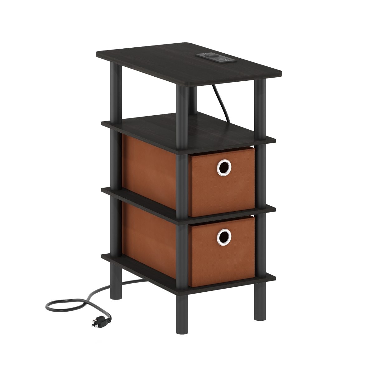 24204EXBKBR Turn-N-Tube 4-Tier Side & End Table with Bin Drawers, USB & Type-C Charging Port - Espresso, Black & Brown