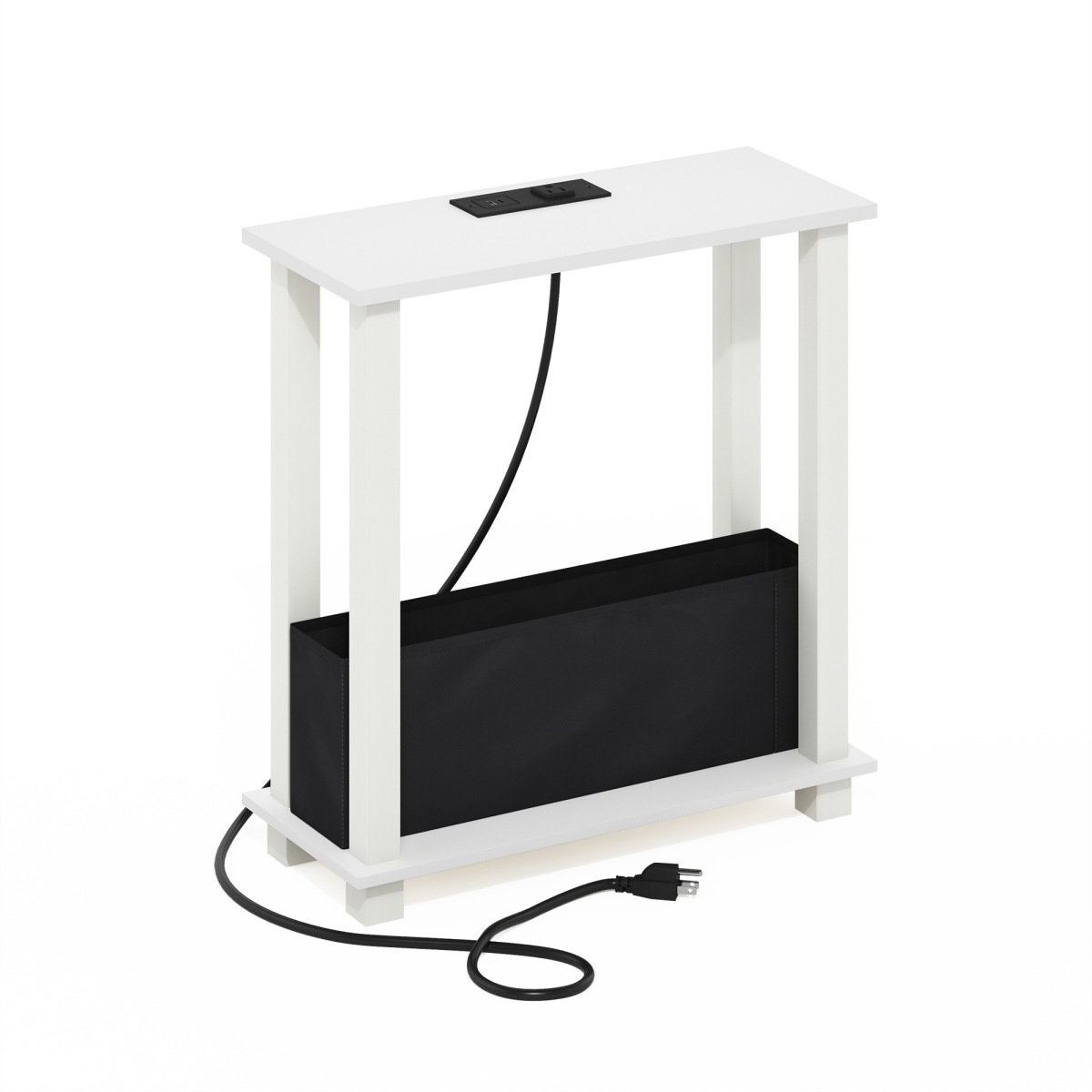 24205WHWHBK Turn-S-Tube 2-Tier Slim Side & End Table with Bin Drawer, USB & Type-C Charging Port - White & Black