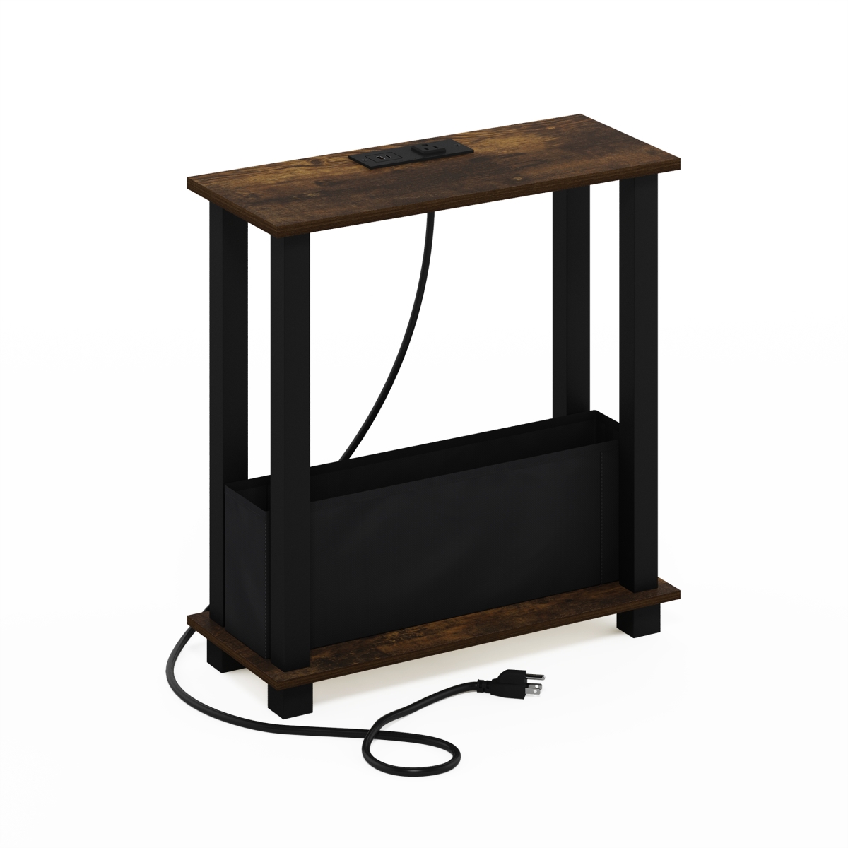 24205APBKBK Turn-S-Tube 2-Tier Slim Side & End Table with Bin Drawer, USB & Type-C Charging Port - Amber Pine & Black