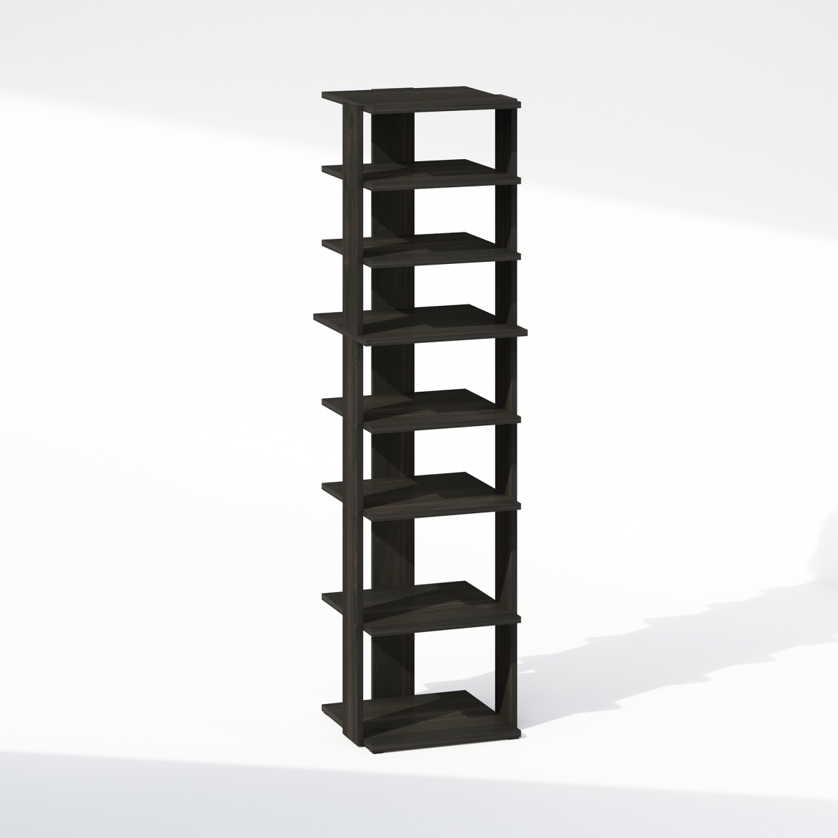N24142EX 12.13 x 46.77 x 12.64 in. Compact 8-Tier Vertical Space Saving Free Standing Corner Shelf, Display Rack - Espresso
