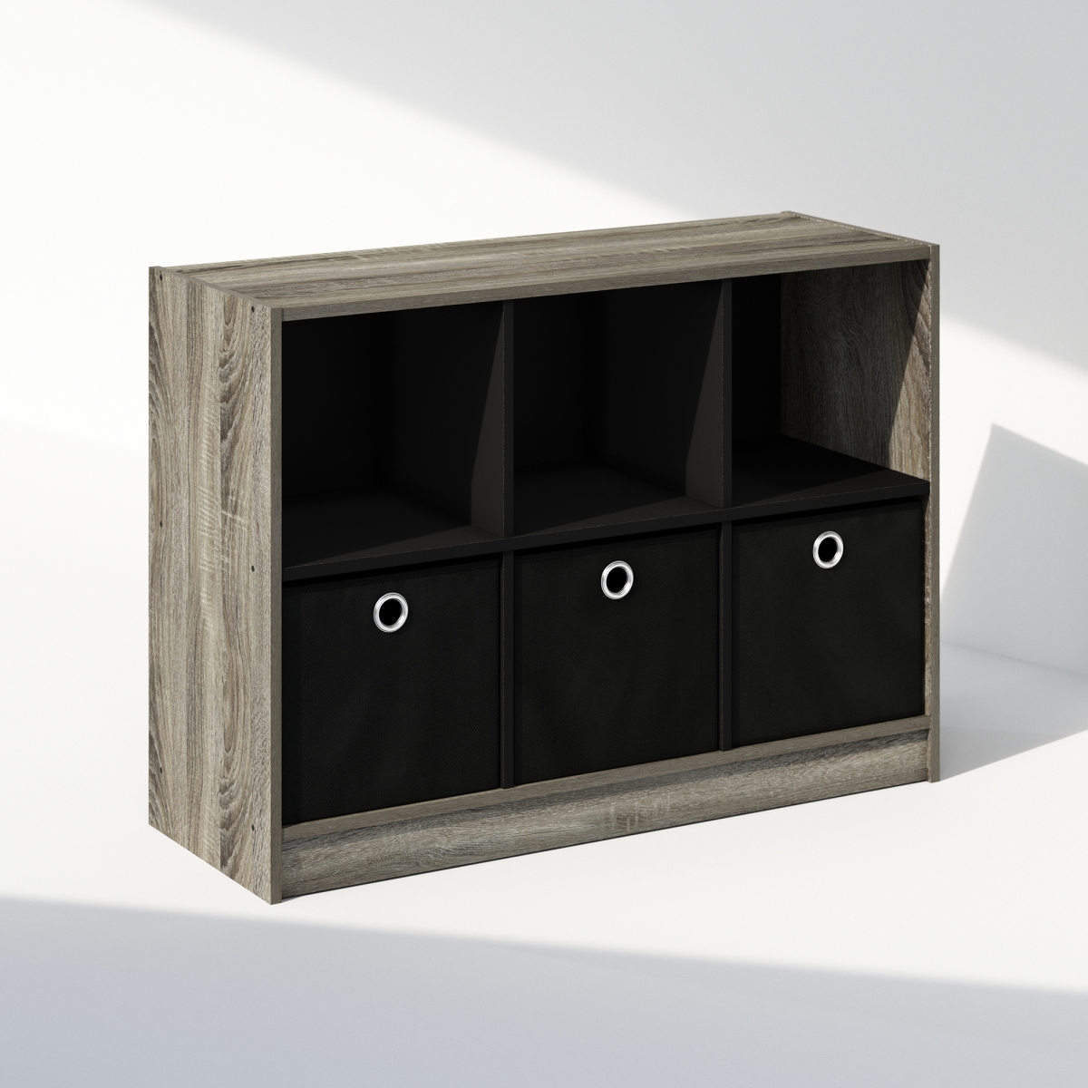 N99940GYWBK Cubic Multipurpose Clothing & Closet Storage Organizer Shelf with Bin Drawers, 6 Cube - French Oak & Black
