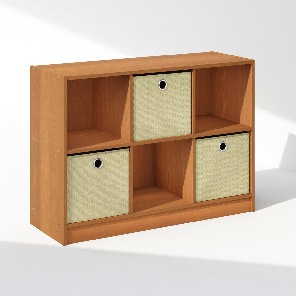 N99940LCIV Cubic Multipurpose Clothing & Closet Storage Organizer Shelf with Bin Drawers, 6 Cube - Light Cherry & Ivory
