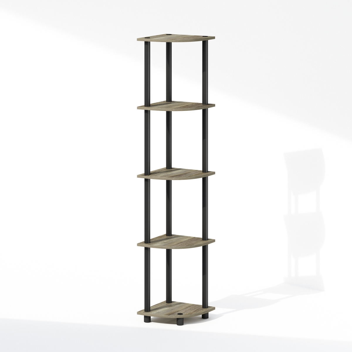 N99811GYWBK 11.6 x 57.7 x 11.6 in. Turn-N-Tube 5 Tier Multipurpose Corner Display Rack Shelving Unit - French Oak & Black