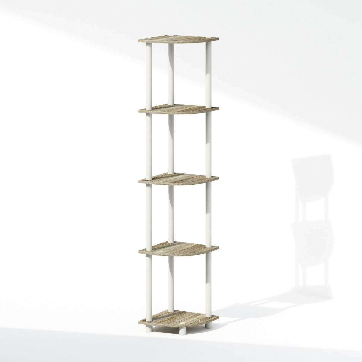 N99811OKWH 11.6 x 57.7 x 11.6 in. Turn-N-Tube 5 Tier Multipurpose Corner Display Rack Shelving Unit - Sonoma Oak & White