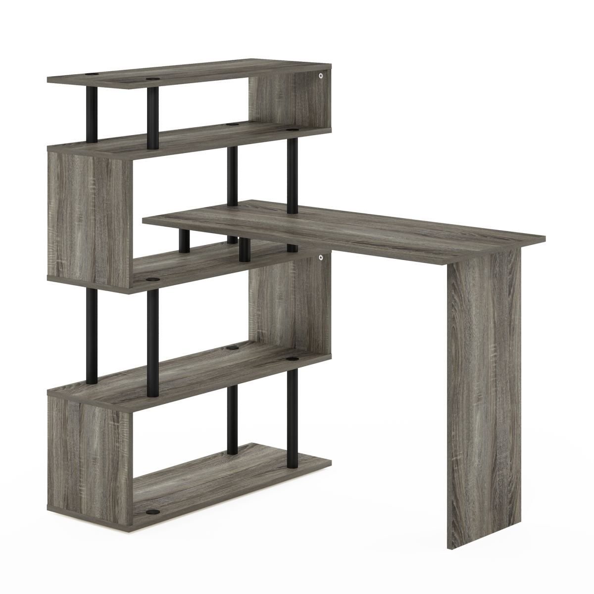 N20200GYWBK 31.5 x 51.2 x 39.37 in. Classic L-Shape Computer Writing Desk with 5-Tier S-Shaped Side Shelves, French Oak & Black
