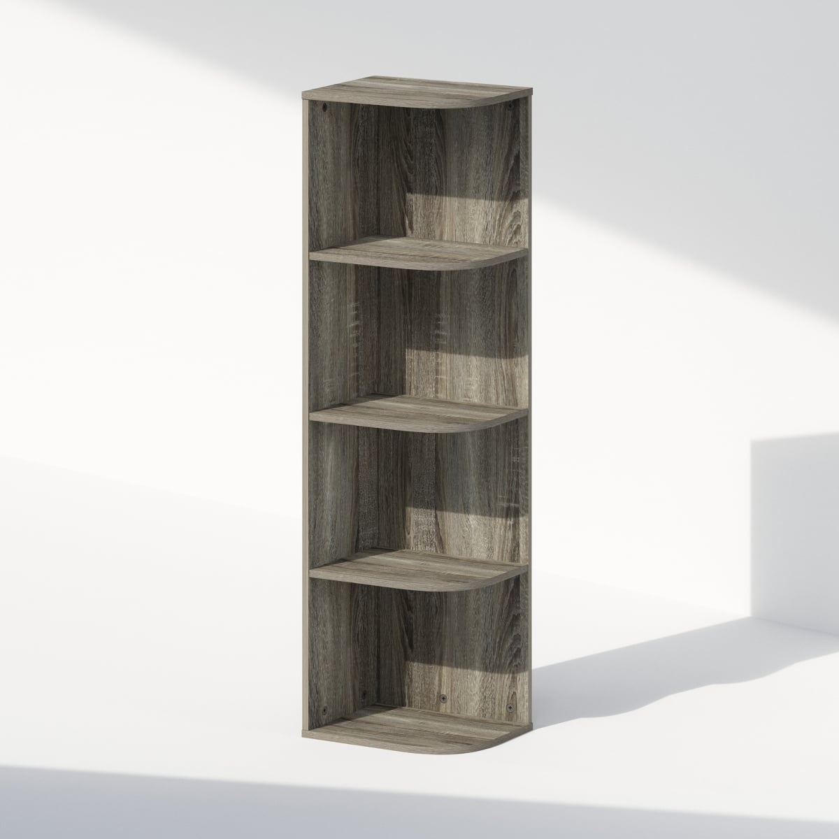 N22270GYW 9.3 x 41.4 x 12.01 in. Reed 4-Tier Space Saving Corner Storage Display Bookshelf - French Oak
