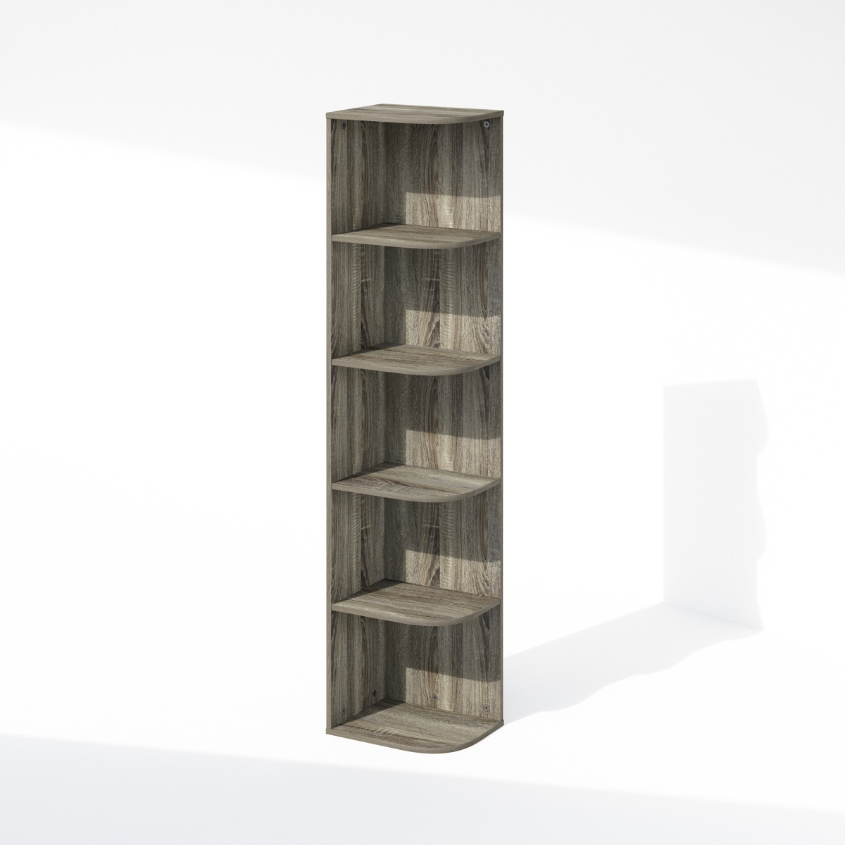 N22271GYW 9.3 x 51.73 x 12.01 in. Reed 5-Tier Space Saving Corner Storage Display Bookshelf - French Oak