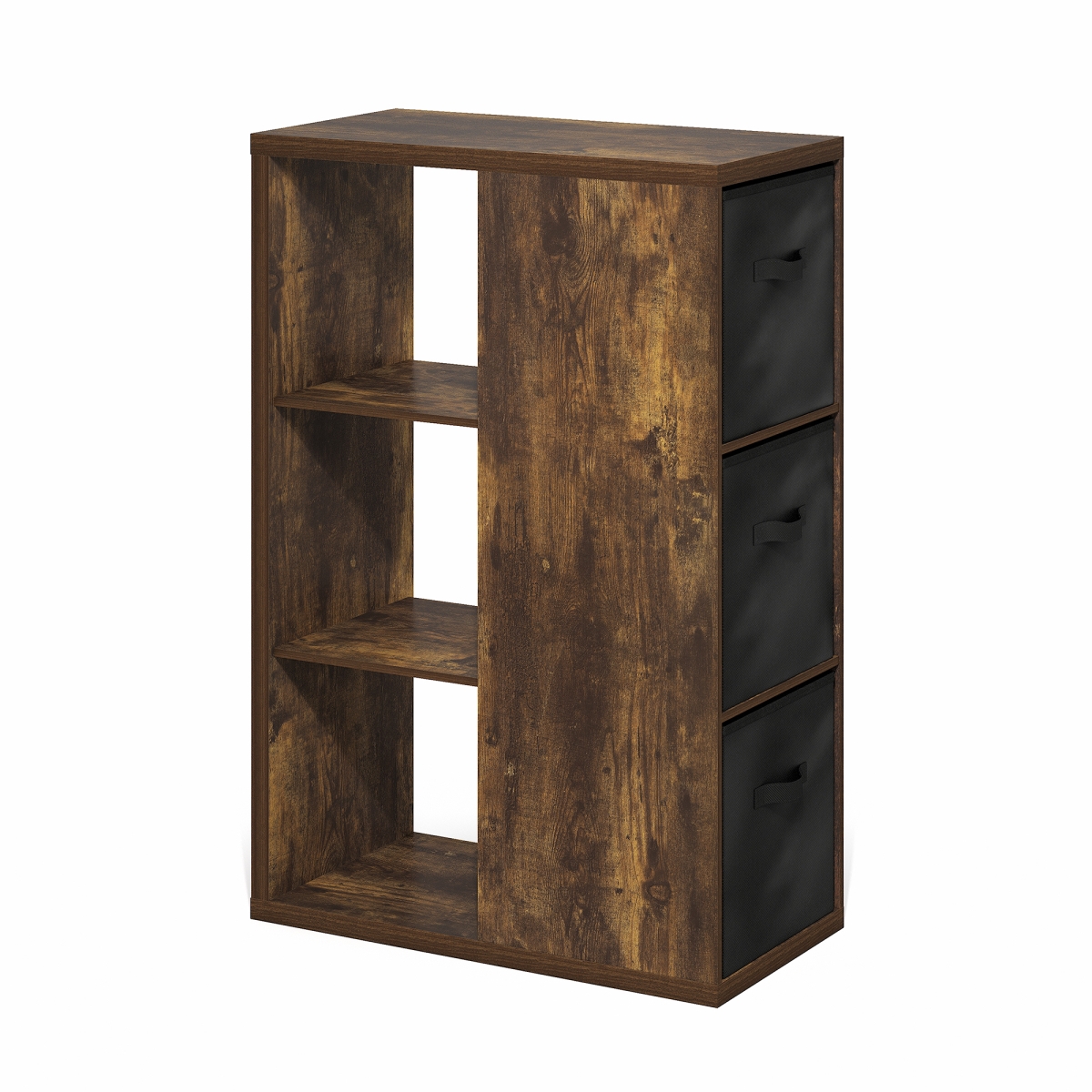 24279APBK 3-Tier Viola Open Shelf Bookcase, Bookshelf & Storage Organizer with Storage Bins - Amber Pine & Black