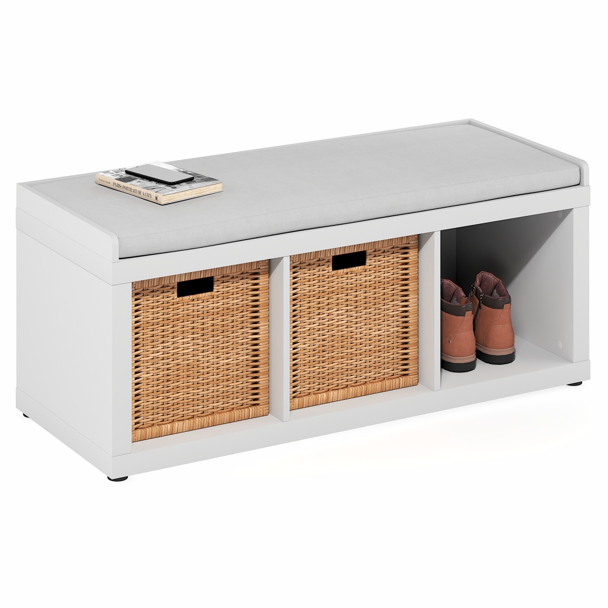 24331WHD Cubicle 3-Cube Storage Bench with Comfy Cushion for Entryway, Living Room - White